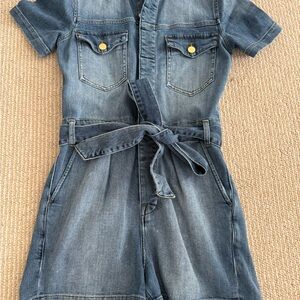Frame Denim Blue Short-Sleeve Denim Romper